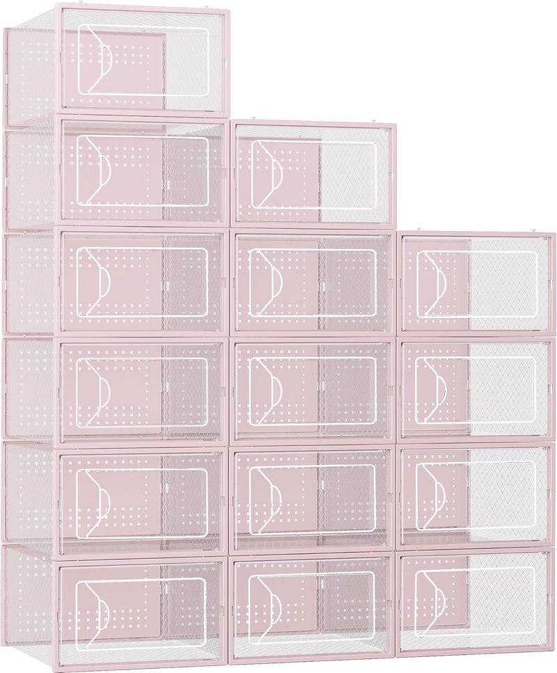 Foluck Shoe Storage Box, 15 Pack Clear Plastic Stackable Shoe Organizer for Closet, Interlocking Design Shoe Container Bins for Sneakers, Foldable Shoe Rack with Lids, Pink - Image 1
